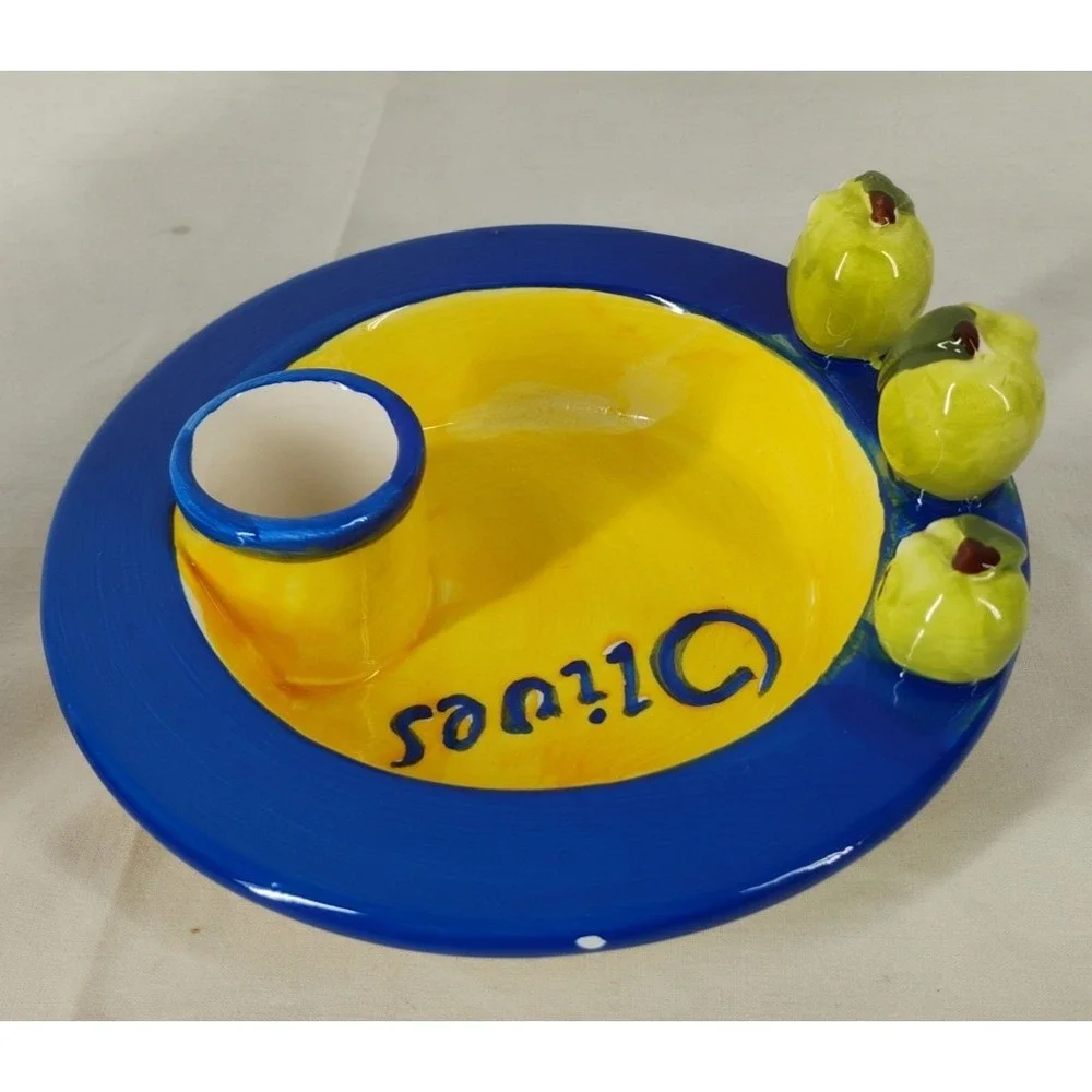 Olive Serving Bowl Toothpick Holder Marin Spain 3 Olives w/Faces Small Flaw